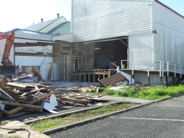 The demolition of the backwall &amp; stage of the Waipawa Municipal Theatre