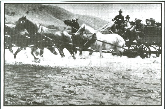 A coach and team, with a full load of passengers, ford the Rangitikei River 
