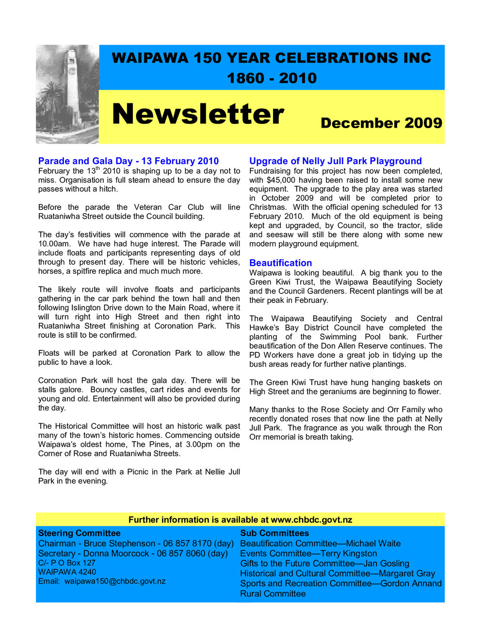 Waipawa 150 Year Celebrations Inc December 2009 Newsletter
