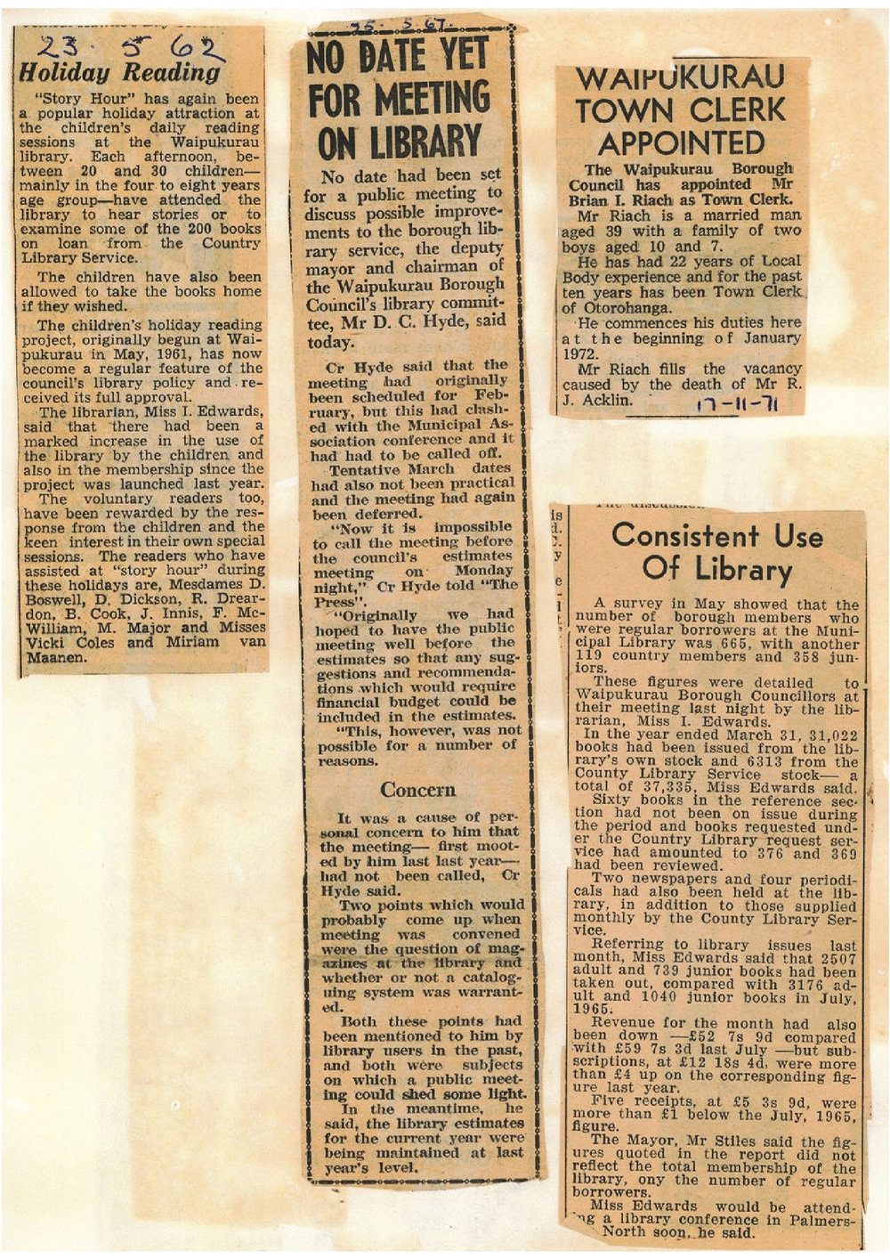 Holiday Reading, No date yet... Waipukurau Town Clerk... Consistent Use...