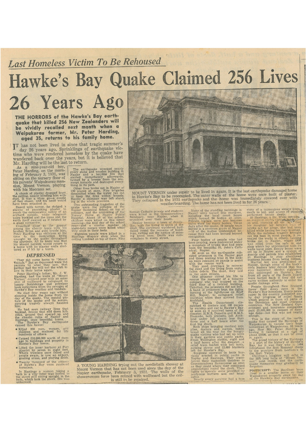 1957 Newspaper article about 1931 quake and the Harding Family's return to Mount Vernon 26 years later