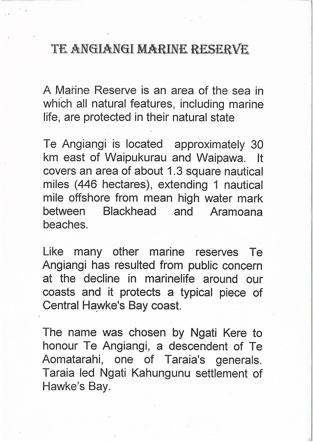 Te Angiangi Marine Reserve - Information