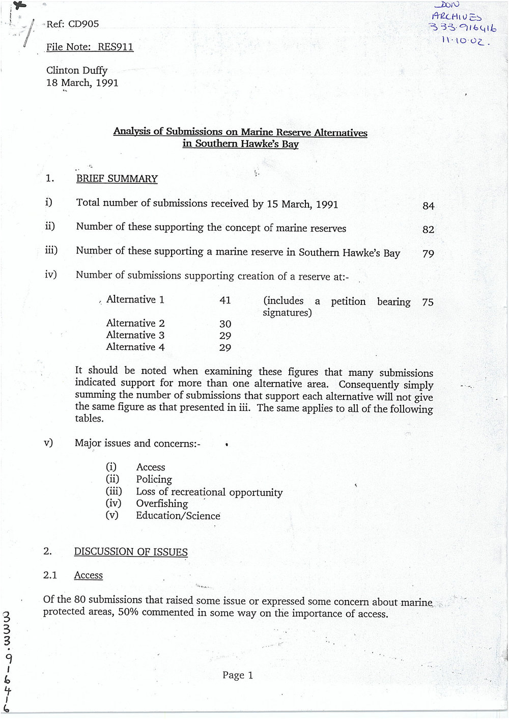 Analysis of Submissions on Marine Reserve Alternatives in Southern Hawke's Bay